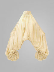 Pleated Solid Color Tied Long Sleeves Loose Halter-Neck Blouses&Shirts Tops