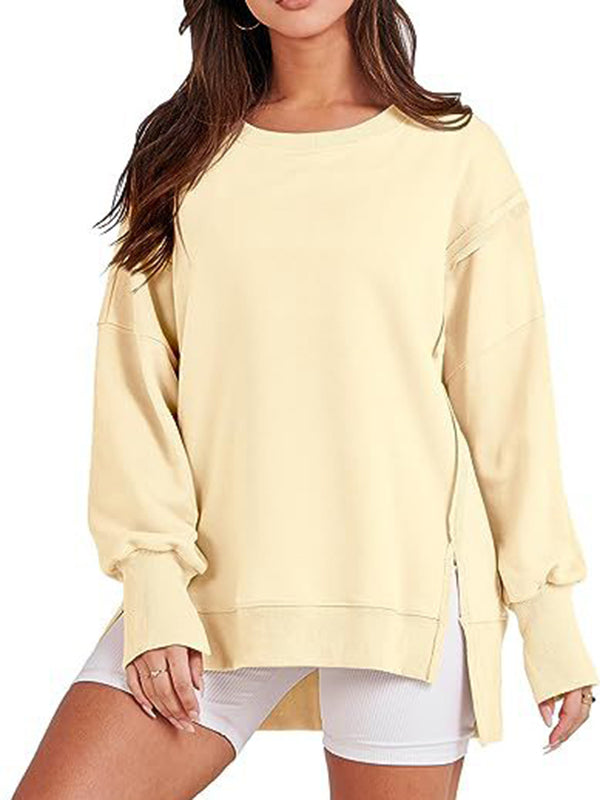 Fringed Solid Color Split-Joint Split-Side High-Low Long Sleeves Round-Neck Sweatershirt