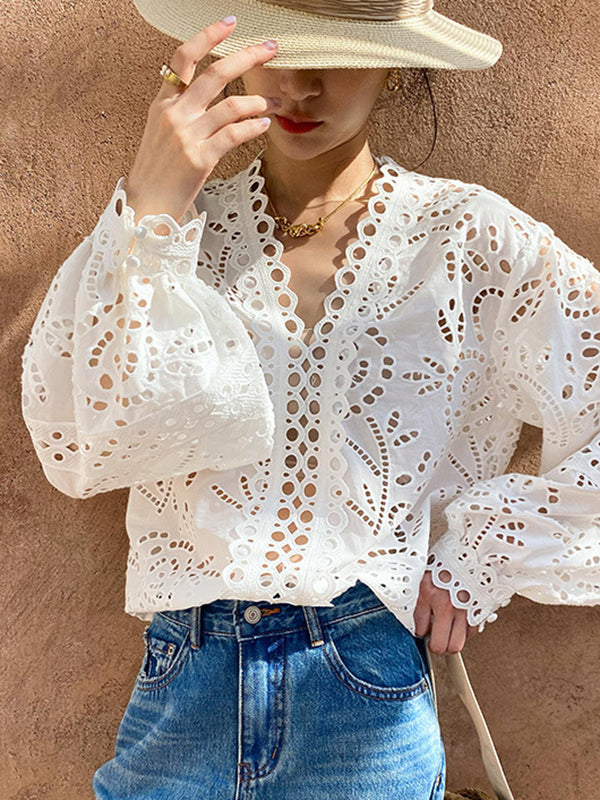 Hollow See-Through Solid Color Split-Joint Long Sleeves Loose V-Neck Blouses&Shirts Tops