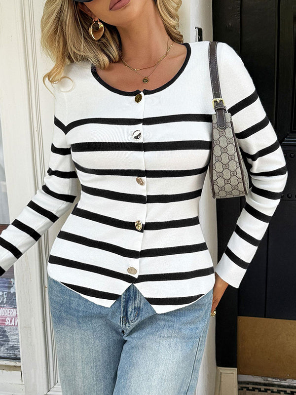 Buttoned Contrast Color Split-Joint Striped Long Sleeves Skinny Round-neck Outerwear Cardigan Tops