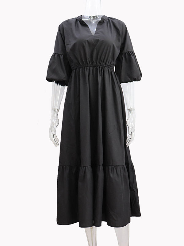 Elasticity Pleated Solid Color A-Line Half Sleeves V-Neck Midi Dresses