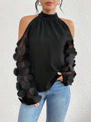 See-Through Solid Color Split-Joint Loose Puff Sleeves Cold shoulder Blouses