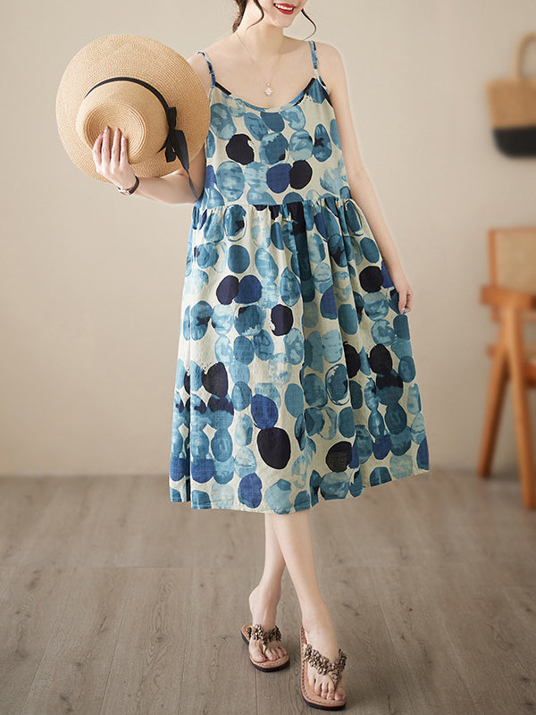 Pleated Printed Split-Joint Loose Sleeveless Spaghetti-Neck Midi Dresses