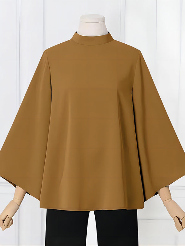 Solid Color Flared Sleeves Loose Stand Collar T-Shirts Tops