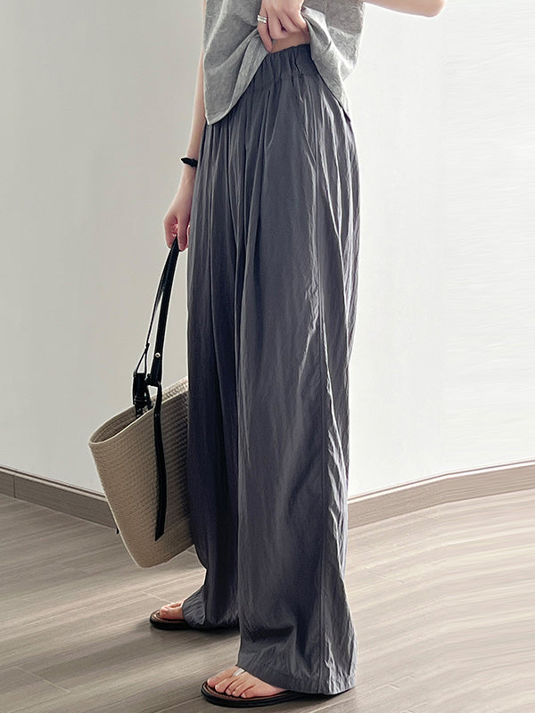 Elasticity Pleated Solid Color High Waisted Wide Leg Trousers Casual Pants Bottoms