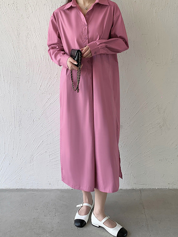 Urban Loose Solid Color Lapel Collar Shirt Midi Dresses