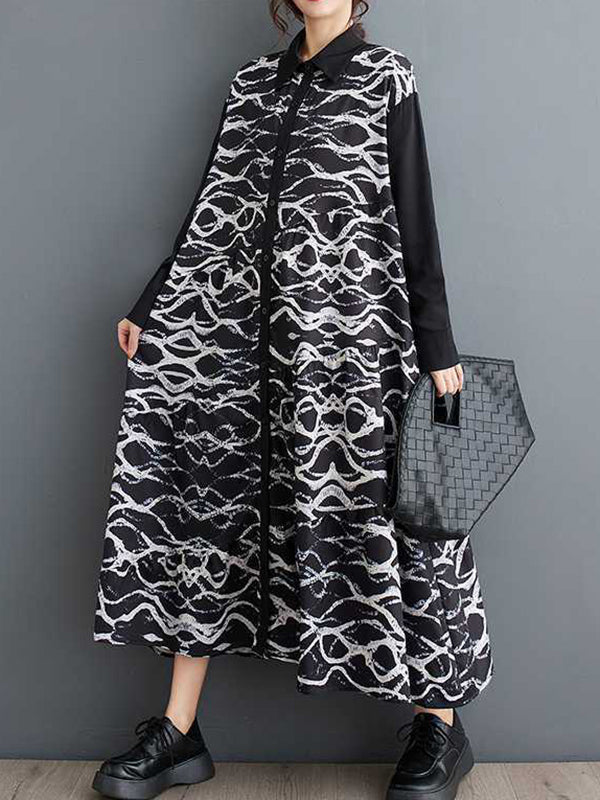 Buttoned Contrast Color Printed A-Line Long Sleeves Lapel Shirt Dress Midi Dresses