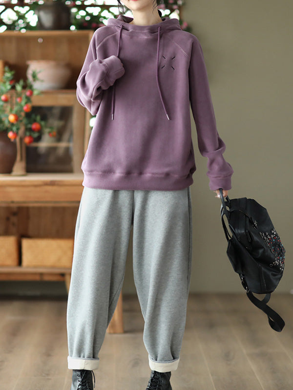 Simple Long Sleeves Loose Velvet Keep Warm Solid Color Hoodies Tops