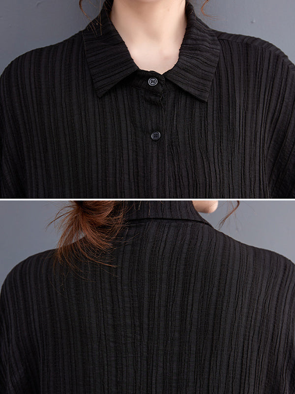 Pleated Solid Color Cropped Long Sleeves Lapel Blouses&shirts Tops