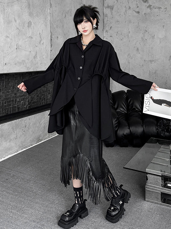 Buttoned Pleated Solid Color Split-Joint High-Low Irregularity Shirt Collar Blouses&Shirts Tops