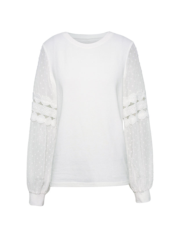 Hollow Solid Color Split-Joint Long Sleeves Puff Sleeves Round-Neck T-Shirts Tops
