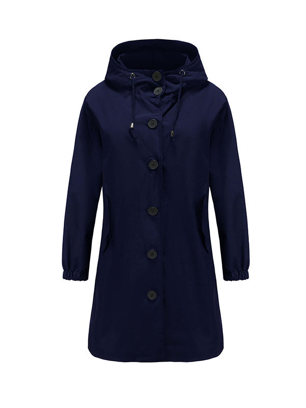Buttoned Drawstring Elasticity Hooded Pockets Split-Back Waterproof Long Sleeves Loose High-Neck Trench Coats