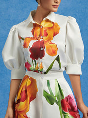 Loose Puff Sleeves Floral Printed Pleated Split-Joint Lapel Blouses&Shirts Tops