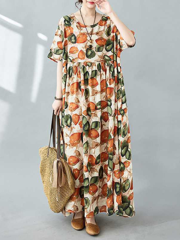 Pleated Printed Split-Joint Half Sleeves Loose Round-Neck Midi Dresses