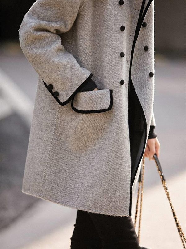 Buttoned Pockets Split-Joint Long Sleeves Loose Lapel Woolen Coat