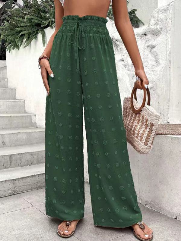 Drawstring Elasticity Jacquard Solid Color High Waisted Loose Trousers Pants