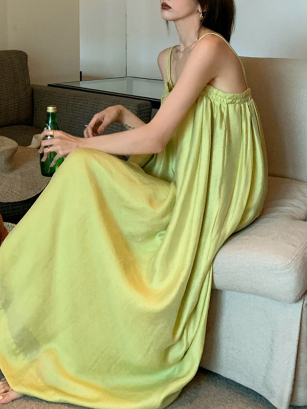 Pleated Solid Color Loose Sleeveless Spaghetti-Neck Slip Dress Midi Dresses