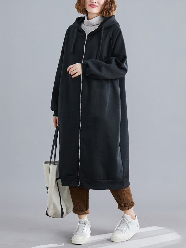 Casual Loose Long Sleeves Solid Color Hooded Outerwear