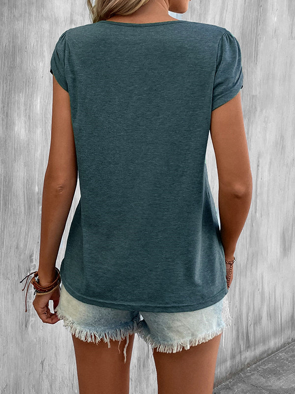 Solid Color Loose Short Sleeves V-neck T-Shirts Tops