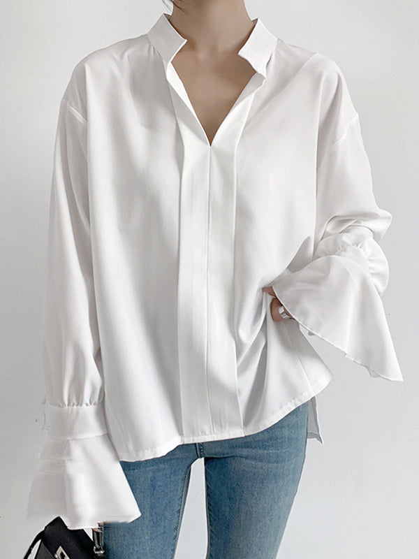 Buttoned Solid Color Split-Side Flared Sleeves High-Low V-Neck Blouses&Shirts Tops