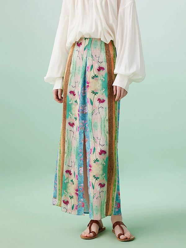 Contrast Color Flower Print Split-Front Wrap Skirts Bottoms