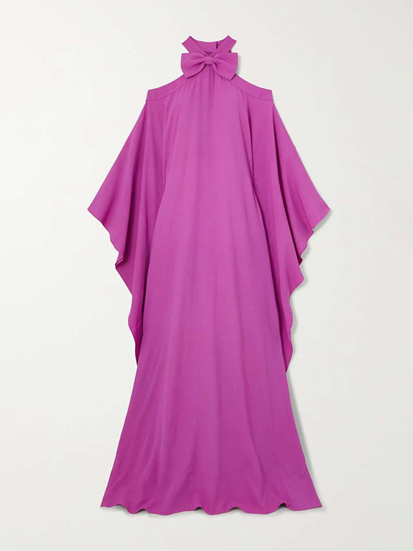 Bow-Embellished Hollow Solid Color Batwing Sleeves Loose Cold Shoulder Maxi Dresses