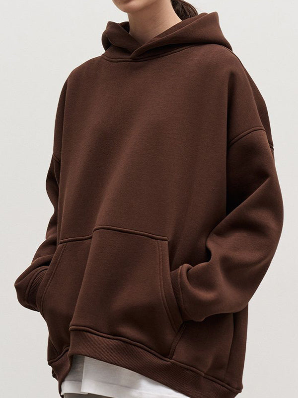 Pockets Solid Color Velvet Long Sleeves Loose Hooded Hoodies Tops