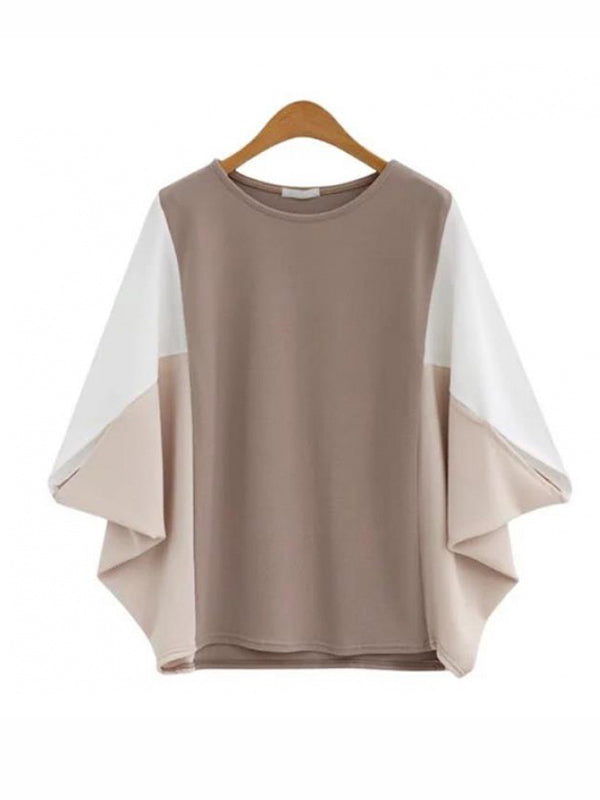 Contrast Color Split-Joint Batwing Sleeves Loose Round-Neck T-Shirts Tops