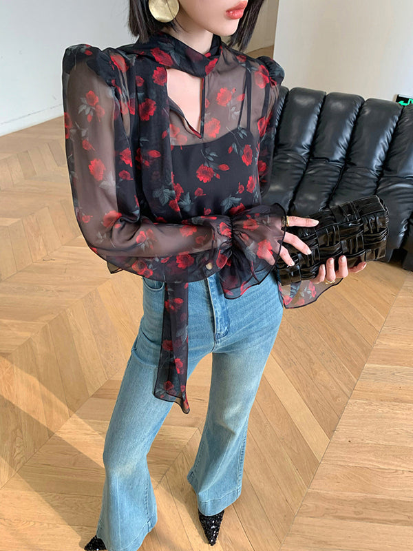Elasticity Flower Print Mesh Tied Flared Sleeves Long Sleeves V-Neck Blouses&Shirts Tops