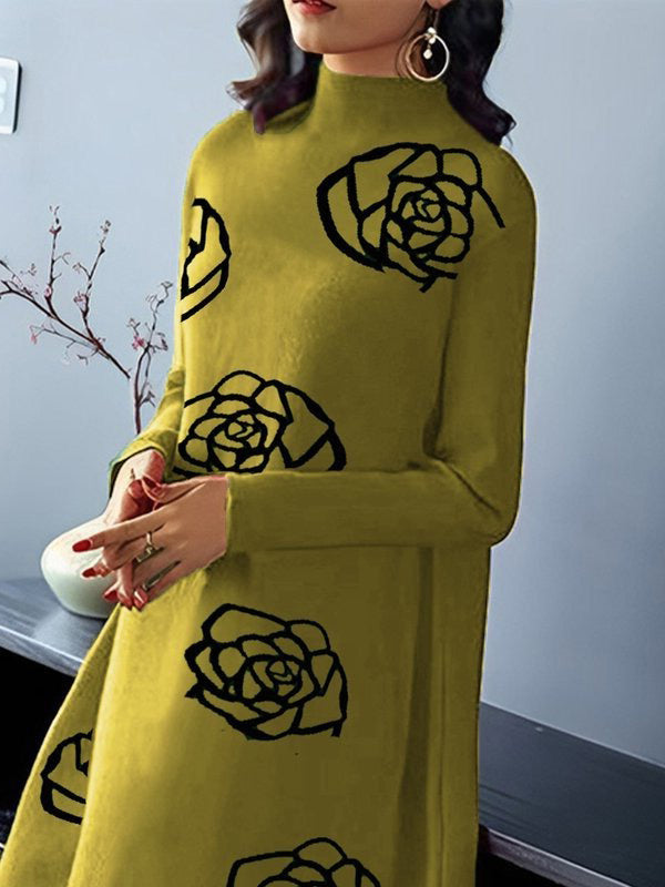 Flower Print A-line Long Sleeves Mock Neck Midi Dresses