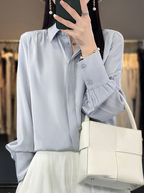 Buttoned Pleated Solid Color Long Sleeves Loose Lapel Blouses&Shirts Tops