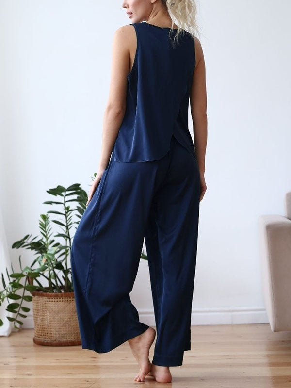 Round-Neck Loose Sleeveless Solid Color Split-Back Vest Top + Elasticity Pants Bottom Pajama Sets