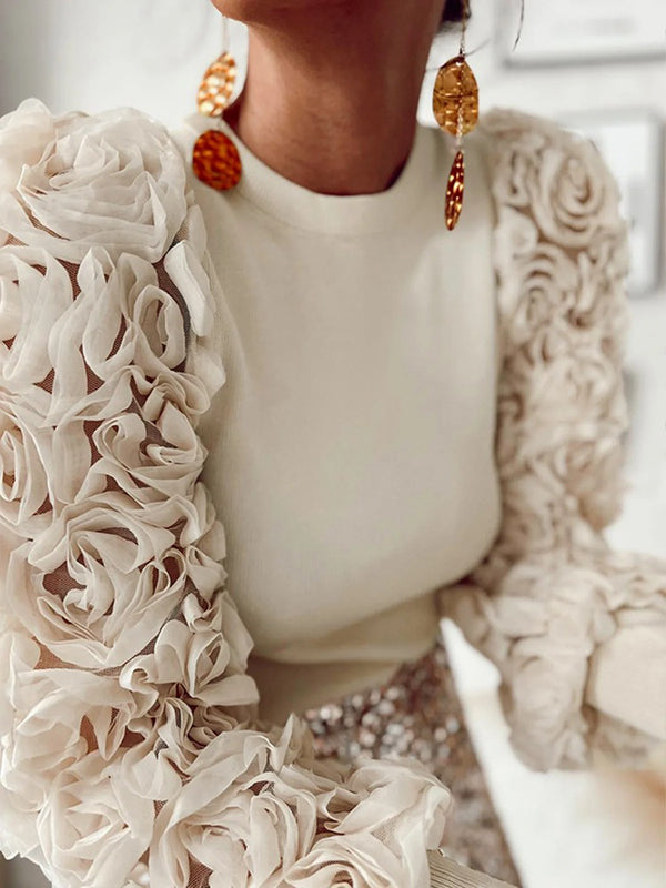 Solid Color Split-Joint Three-Dimensional Flower Long Sleeves Loose Round-Neck T-Shirts Tops