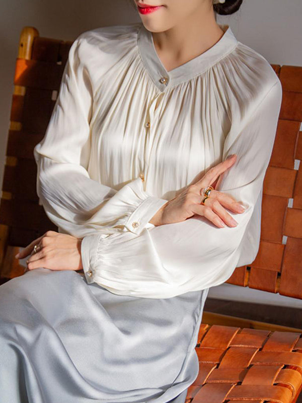 Buttoned Pleated Long Sleeves Loose Round-Neck Blouses&Shirts Tops