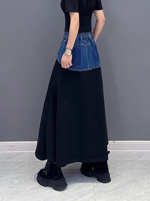 Buttoned Contrast Color Split-Joint A-Line Loose Denim Skirts Bottoms