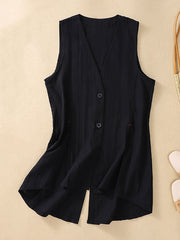 Buttoned Solid Color Loose Sleeveless V-neck Vest Top