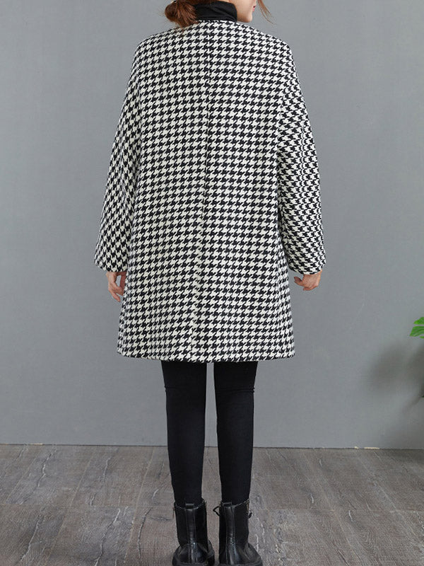 Loose Houndstooth Buttoned Round-Neck Long Sleeves Woolen Coat