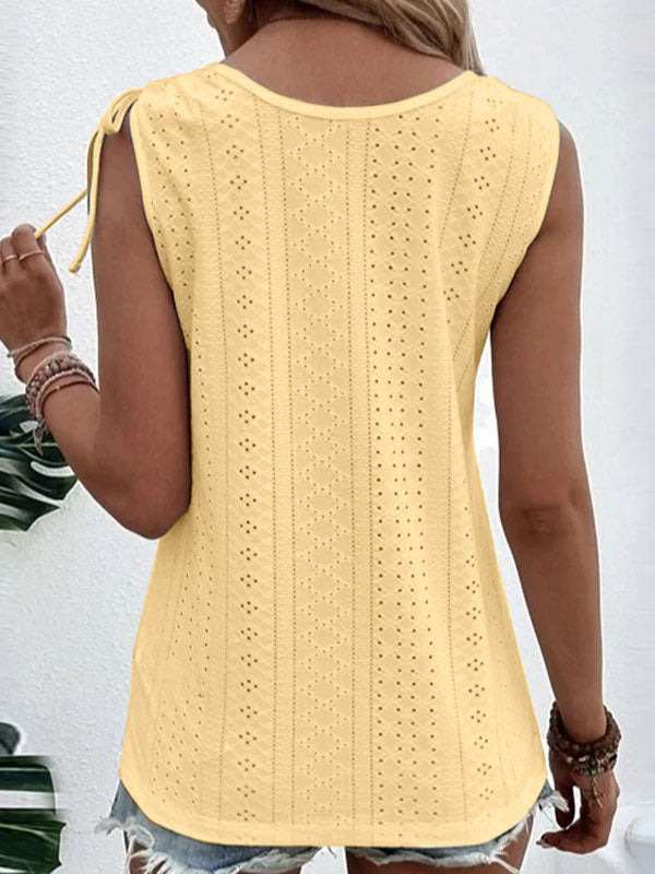 Buttoned Hollow Pleated Split-Joint Tied Loose Plus Size U-neck Vest Top
