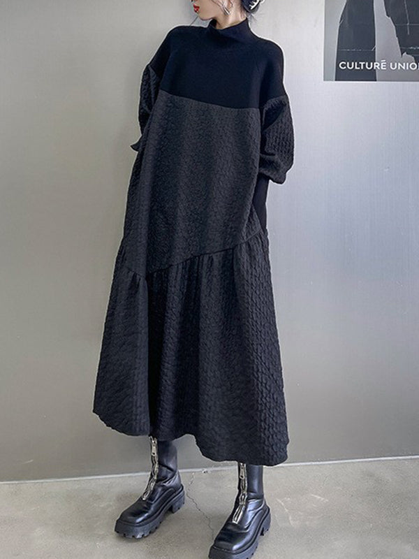 Asymmetric Solid Color Split-Joint A-Line Long Sleeves High-Neck Sweater Dresses Midi Dresses