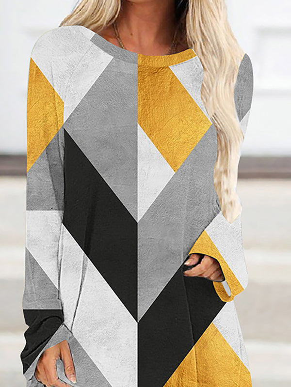 Plaid Printed High-low Long Sleeves Round-neck T-Shirts Tops
