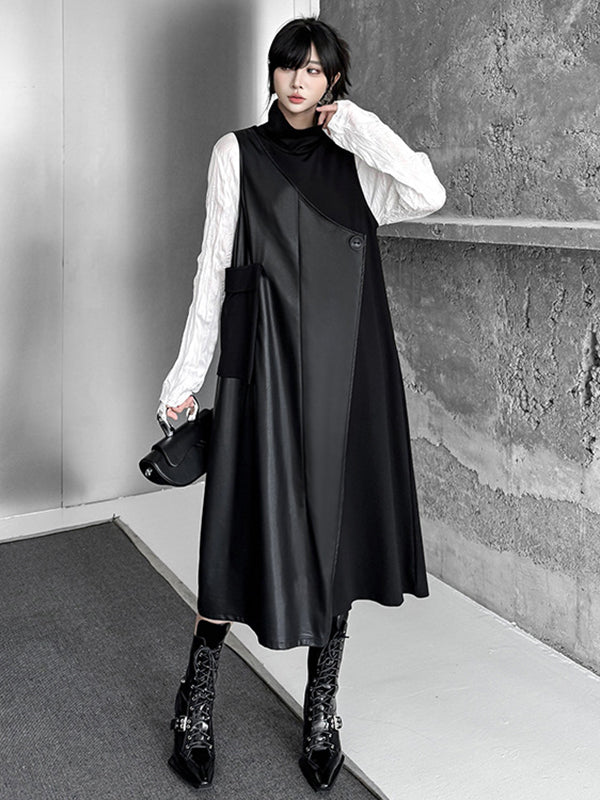 Asymmetric Buttoned Solid Color Split-Joint Irregularity Loose High Neck Midi Dresses