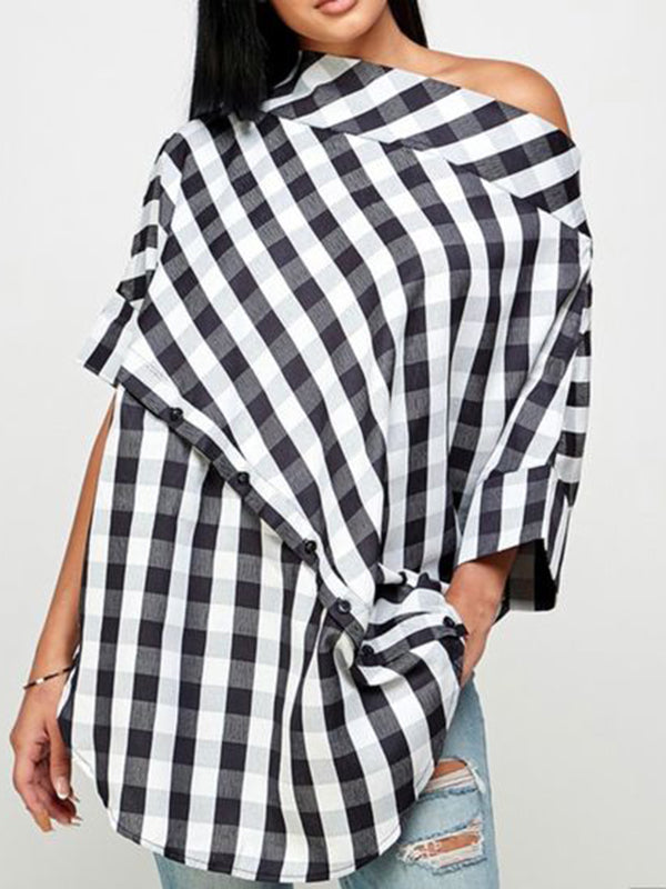 Asymmetric Buttoned Plaid Half Sleeves Loose One-Shoulder Blouses&Shirts Tops