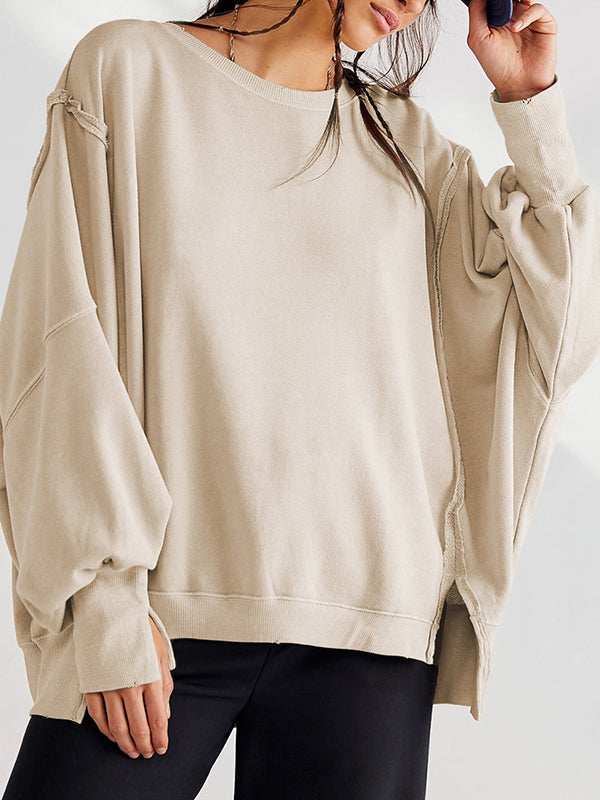 Fringed Solid Color Split-Joint Split-Side Long Sleeves Loose Round-Neck Sweatershirt