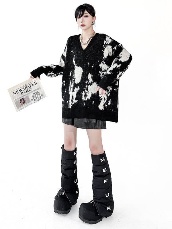 Abstract Printed Contrast Color Ribs Split-Joint Long Sleeves Loose V-Neck Sweater Tops