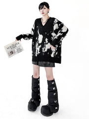Abstract Printed Contrast Color Ribs Split-Joint Long Sleeves Loose V-Neck Sweater Tops