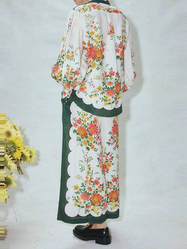 Buttoned Long Sleeves Flower Print Lapel Shirts Top + High Waisted Pants Bottom Two Pieces Set