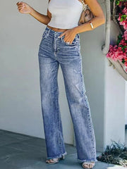 Fringed Gradient Split-Joint Straight Leg Jean Pants Bottoms