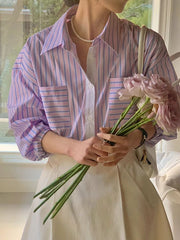 Buttoned Contrast Color Pockets Striped Long Sleeves Loose Lapel Blouses&Shirts Tops