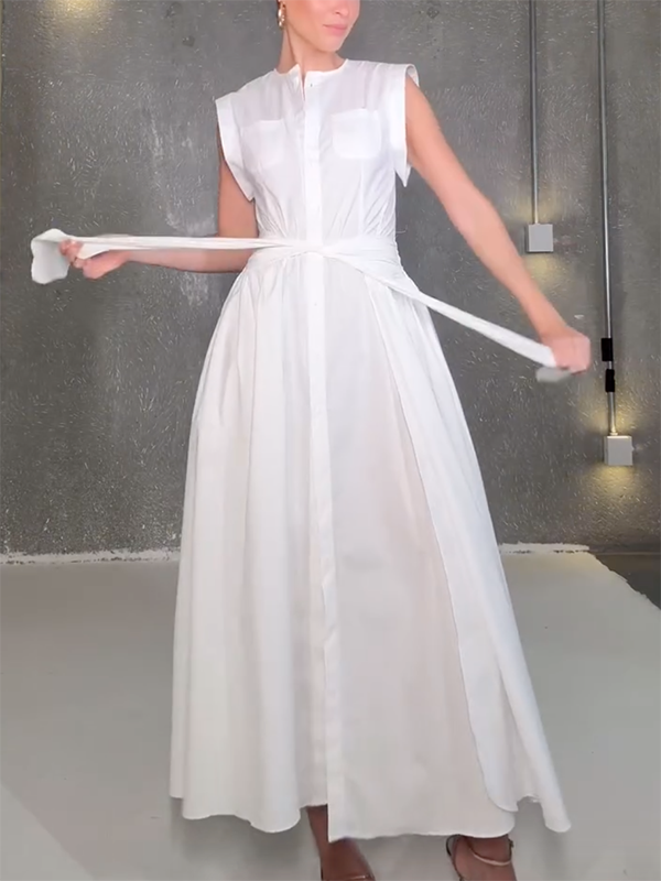 Buttoned Solid Color Split-Side Tied Waist Cap Sleeve Loose Shirt Dress Maxi Dresses