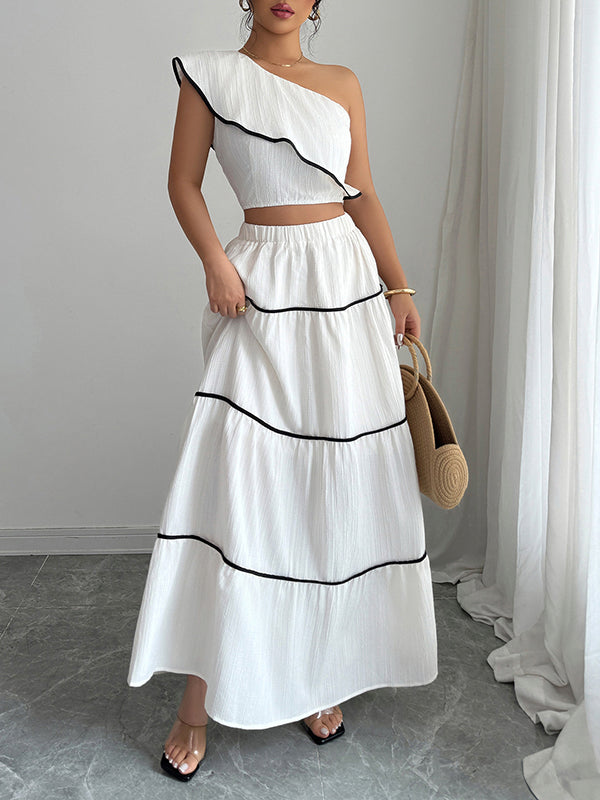 Elasticity Sleeveless Pleated One-Shoulder Vest Top + A-Line Skirts Bottom Two Pieces Set